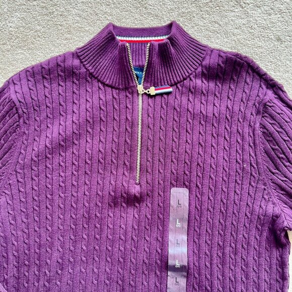 Tommy Hilfiger Women's Cotton Quarter Zip Cable Knit Sweater - Aubergine Color - Picture 3 of 7